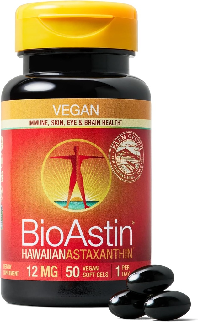 Nutrex Hawaii Vegan BioAstin Hawaiian Astaksantīns - 12mg, 50 Softgels - Farm-Direct Premium Antioksidants Papildinājums, lai atbalstītu acu, ādas, locītavu un imūnās sistēmas veselību - Vegan, Non-GMO un Gluten-free