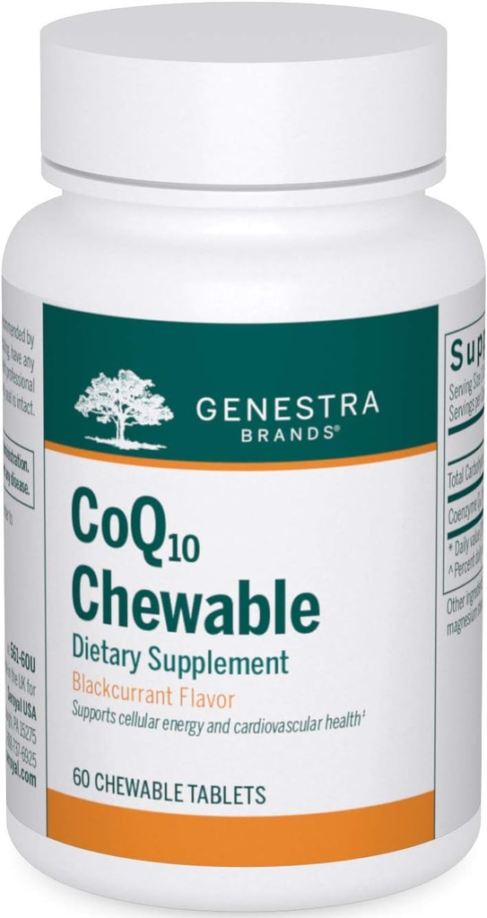 Genestra Brands CoQ10 Chewable,    - Coenzyme Q10 Papildinājums, - 60 košļājamās tabletes, - Dabiskas upeņu smaržas
