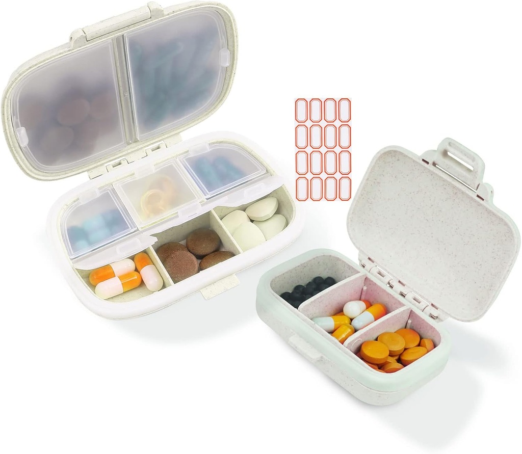 2 Pack Pill organizētājs Box - Small Pill Dispenser Mājas Ceļošana Essentials Papildinājums turētājs Portatīvais vitamīnu Case 8 Iedalījums un 3 Iedalījums Konteiners Daily Medicine