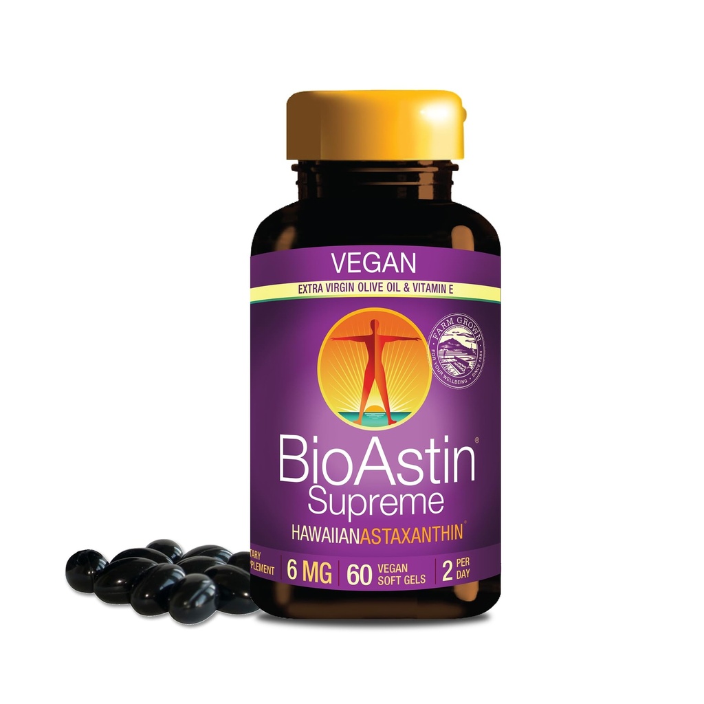 Nutrex Hawaii BioAstin Supreme Hawaiian Astaksantīns - 6mg, 60 Softgels - Farm-Direct Premium Antioksidanta papildinājums acu, ādas, locītavu un imūnās sistēmas veselībai* - Blended with Extra Virgin Olive Oil