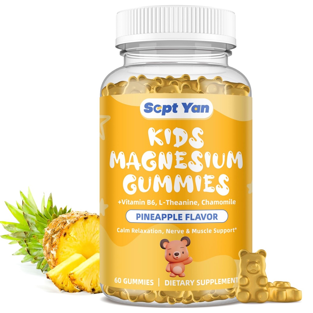 Magnija Gumijas bērniem - Magnija citrāts Papildinājums ar vitamīnu B6, L-teanīnu, kumelīšu un citrona balzams - Kalms Magnijs bērniem un pieaugušajiem Miega, Relaksācija, Ananasu Flavor 60 Gumijas