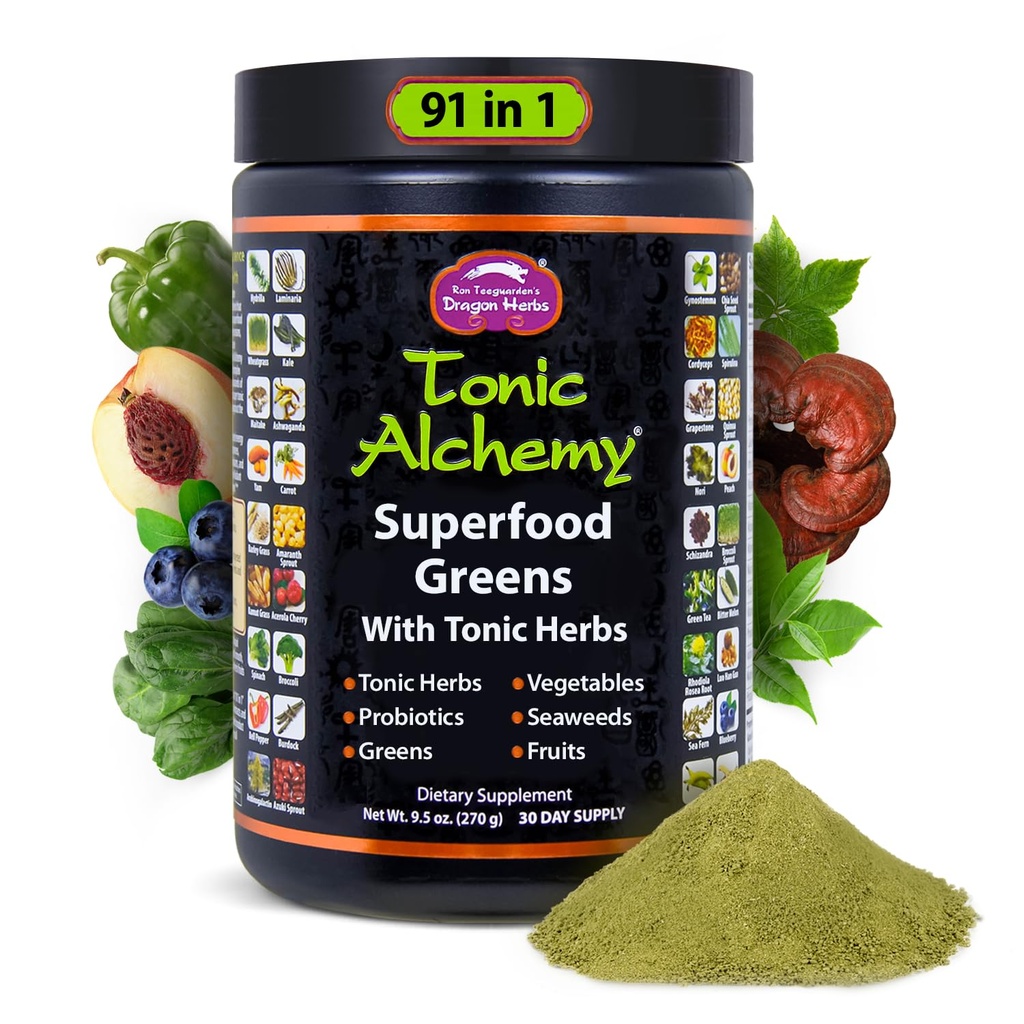 Dragon Herbs Tonik Alchemy Superfood Greens Pulveris ar 91 Sastāvdaļas: Tonik herbs, Ashwagandha, Sēnes, Probiotikas, Super Greens, Jūraszāles, Augļi, Dārzeņi, Spirulina - 30 Kalpo