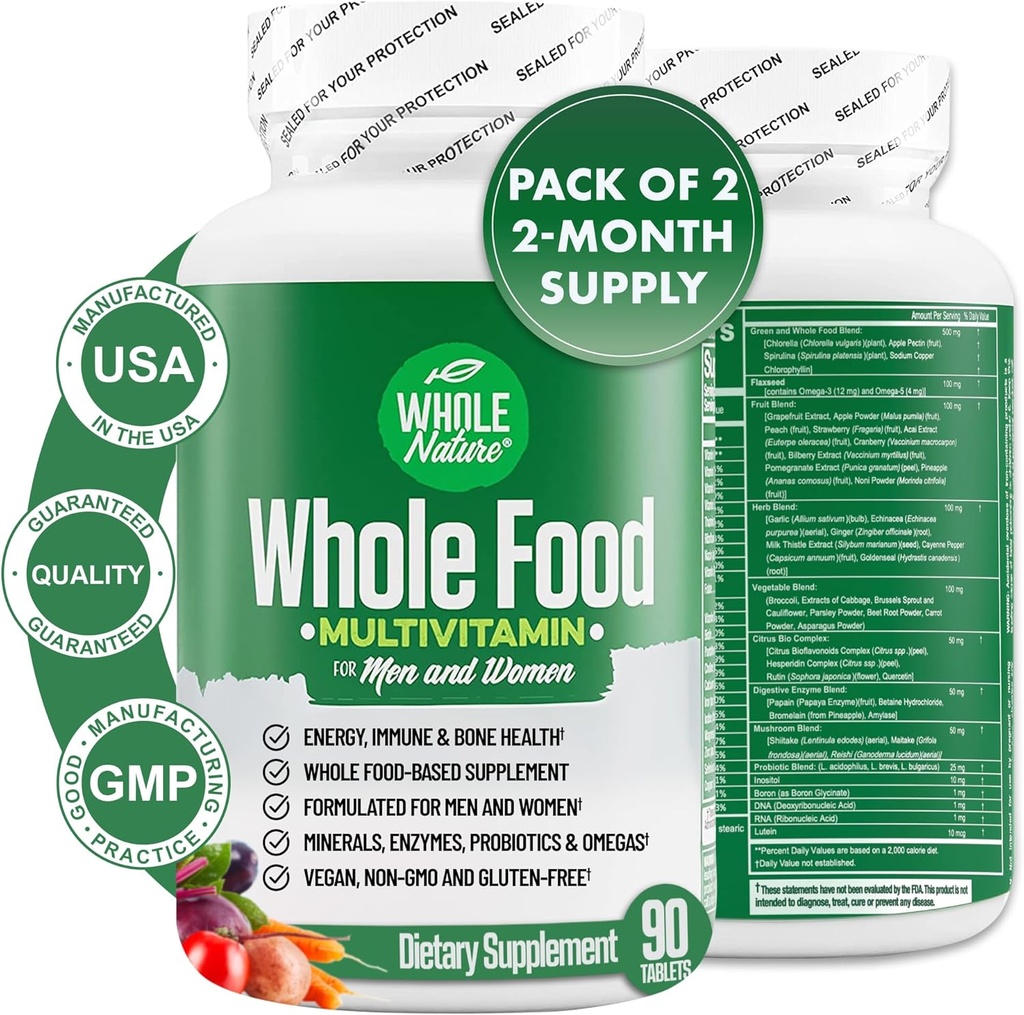 Vesela pārtika Multivitamīnu vīriešiem un sievietēm Complete ikdienas Superfood Vitamīni Plus Minerals Gremošanas enzīmi, probiotikas un omegas. Vairāku vitamīnu uz augu bāzes, neĢMO (2)