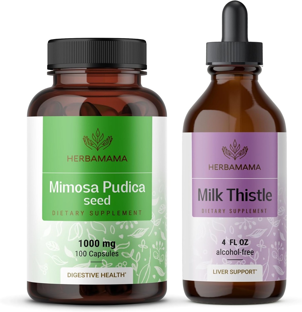 HERBAMAMA Mimosa Pudica un piens Šis komplekts - 1000 mg Mimosa Pudica kapsulas un piens Tinktūra 4 fl oz - Vegan, ne- GMO, cukurs un bezalkohols - 2 iepakojumi
