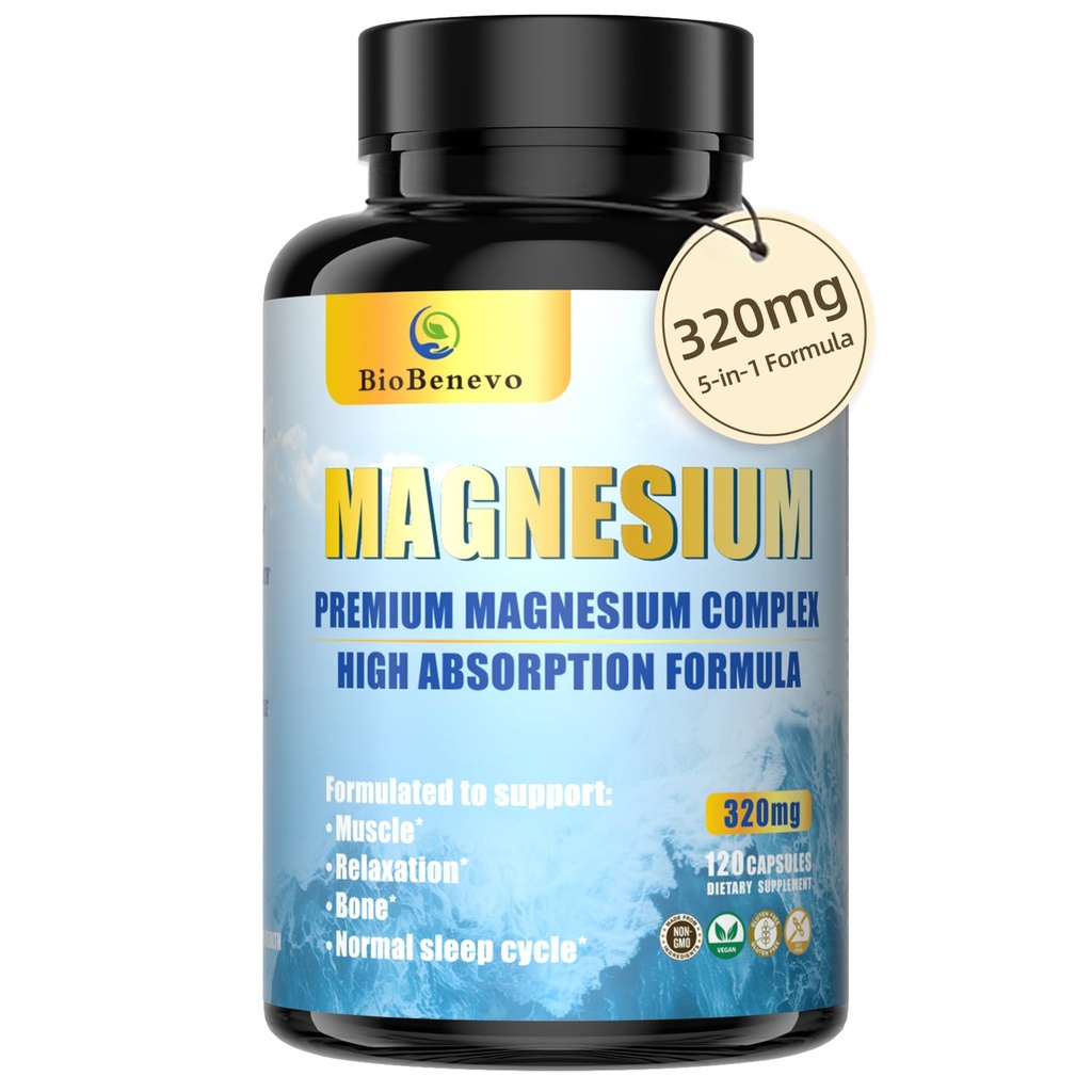 5 - in - 1 Magnija komplekss - 320mg magnija glicināts, malāts, citrāts... - Miega, muskuļu relaksācijas un enerģijas vielmaiņas atbalsts - Augsta absorbcija - Vegāns, ne-GMO - 120 kapsulas