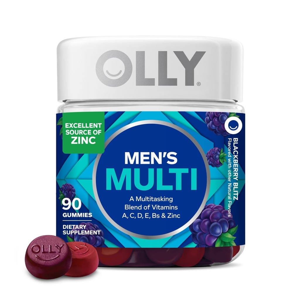 OLLY Men's Multivitamine Gummy, Vitamīni A, C, D, E, B, Cinc, Blackberry Flavor, 45 dienu piegādes - 90 grāfs