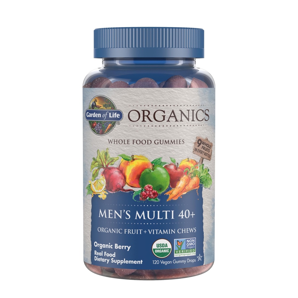 Organisko vielu dārzs Vīrieši 40+ Gummy Vitamīni - Berry - Sertificēts Organic, Non-GMO, Vegan, Kosher Complete Multi - Metil B12, C & D3 - Gluten, Soy & Dairy Free, 120 Real Fruit Gumies