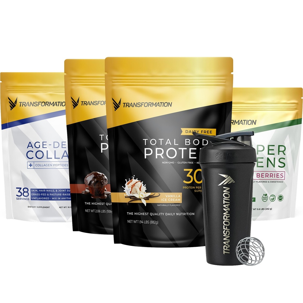 Transformācija Vaniļas & Šokolādes proteīna pulveris -- Super Greens Superfood zaļās sulas pulveris -- Zāle hidrolizēts kolagēna peptīdi Pulveris -- Transformācijas spējas Shaker BlenderBottle