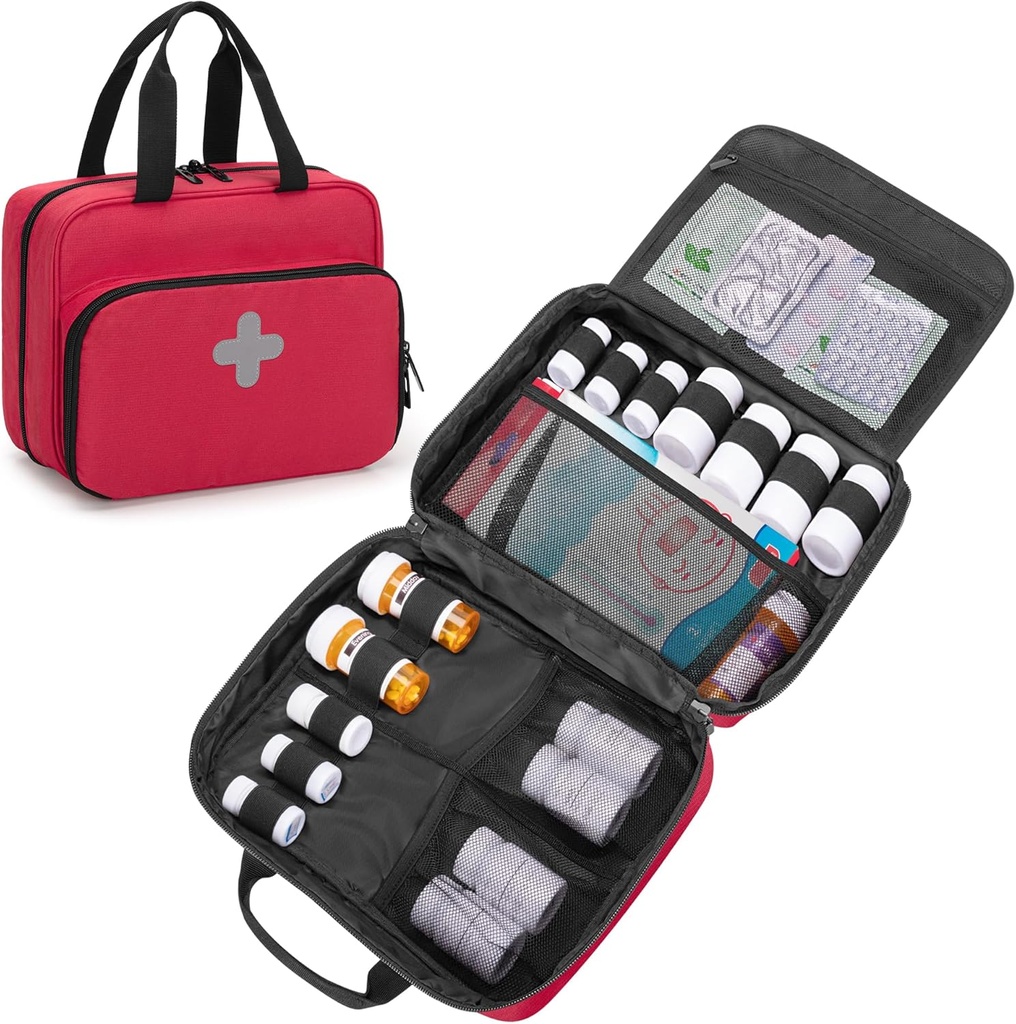 CURMIO Pill pudele Organizators Portable Medicine Maiss, Bloķējams Recepte Pudele Glabāšana Pill pudeles, Vitamīni, Medicīniskie papildinājumi mājas uzglabāšanas un ceļojumu, Red (Empty Medicine Bag)