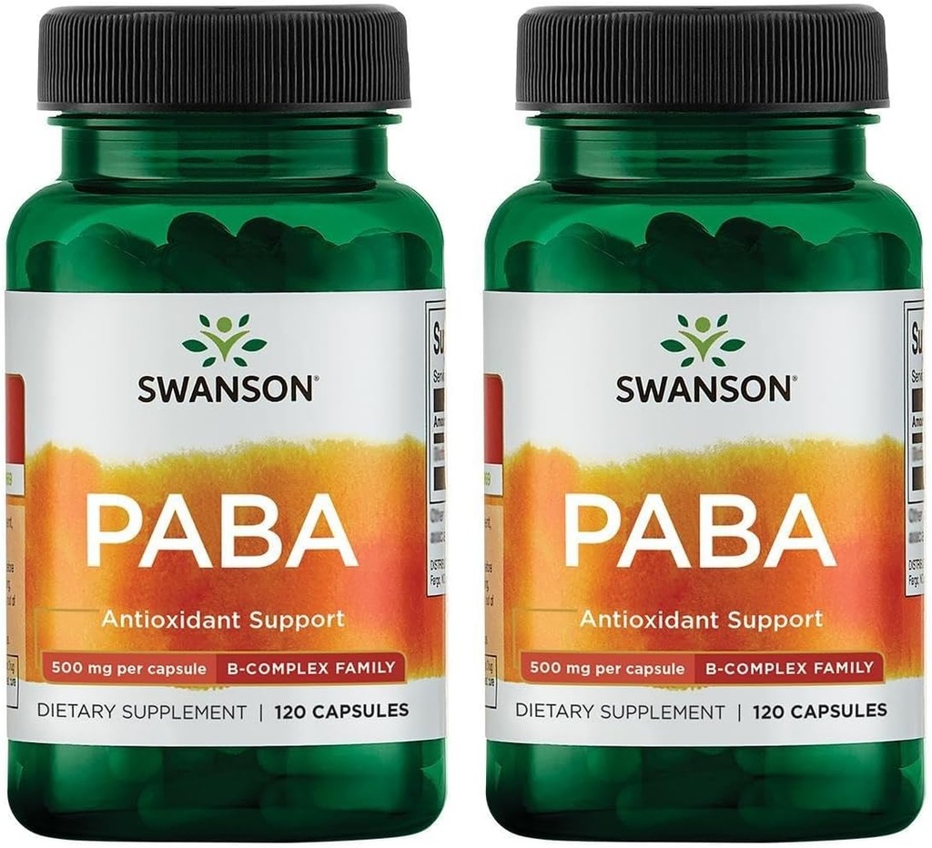 Swanson PABA - Jaudīgs B komplekss, kas atbalsta sarkano asins šūnu veidošanos - Folijskābes komponents, kas palīdz piegādāt skābekli šūnām un ādas veselības atbalsts - (120 kapsulas, 500mg katra) (2 iepakojums)