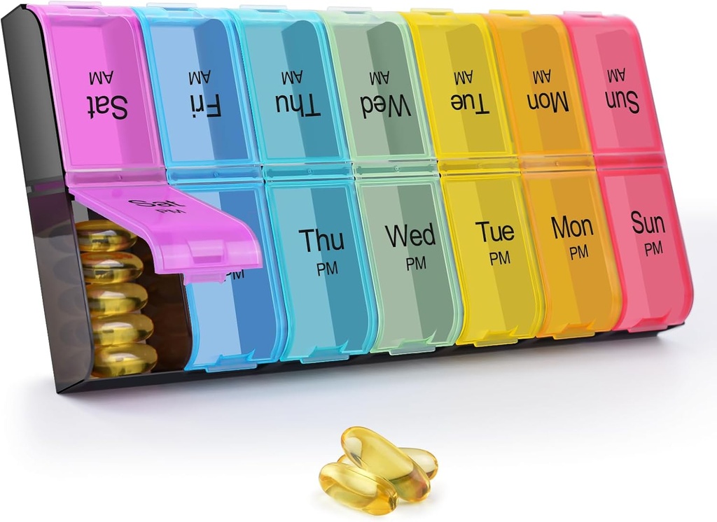 GREENCYCLE Extra Large Weekly Pill Organizators 2 reizes Diena,7 Day Pill Box AM PM Medicine Planner Dispenser Case with XXL Iedalījums Mājas Pill Konteiners vitamīniem Zivju eļļas bagātinātāji (Rainbow)