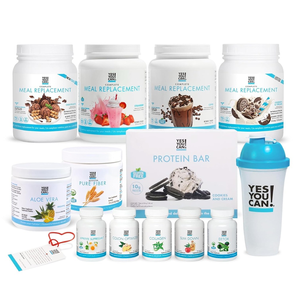 Jā, jūs varat! All-in-One komplekts ar uztura aizstājēju krata, Aloe Vera dzērienu maisījums, Fiber Shake Mixer, olbaltumvielu uzkodas, papildinājumi - Complete Wellness komplekts