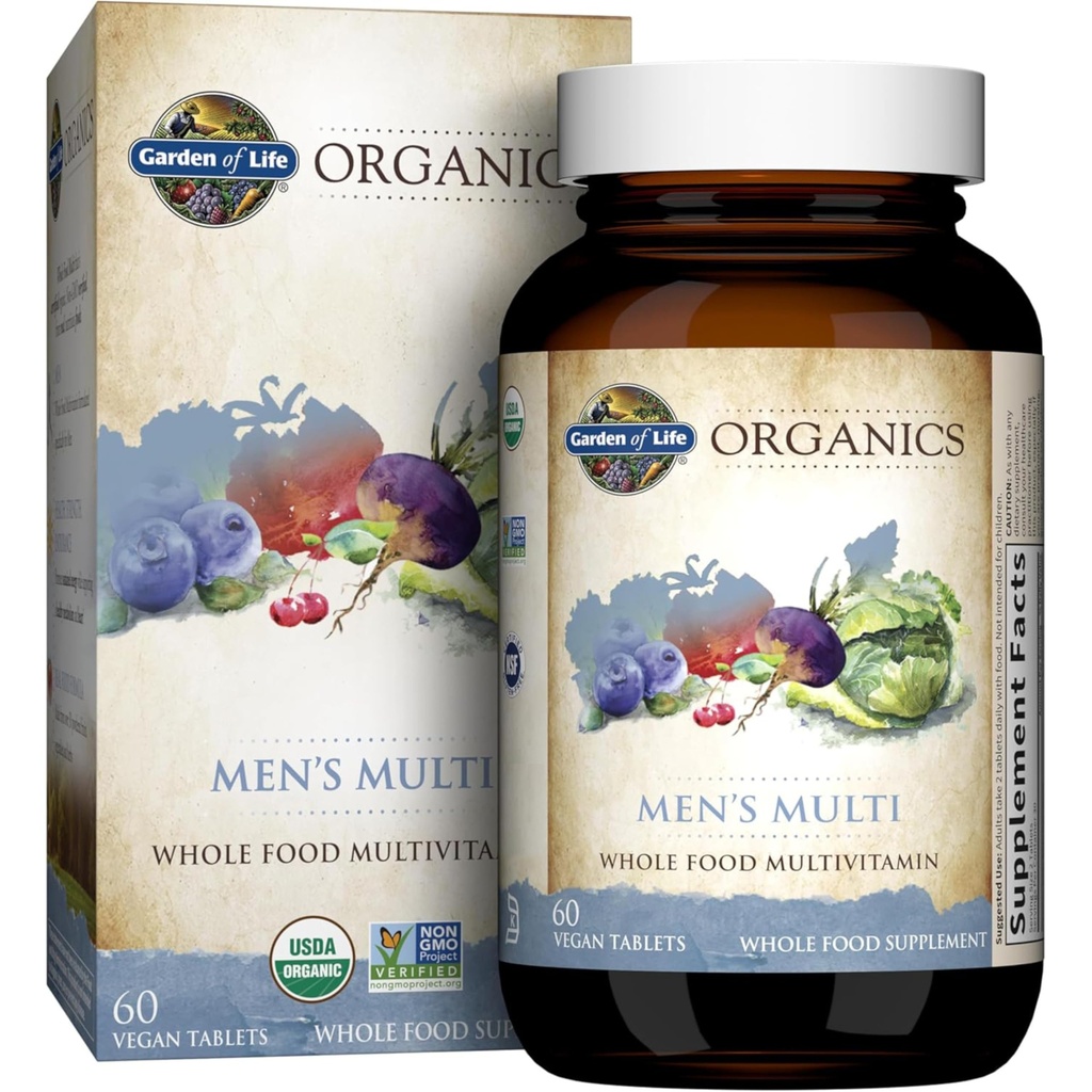Dabas dārzs Organics Vesela pārtika Multivitamīni vīriešiem, 60 tabletes, Vegan Mens Vitamīni un minerālvielas veselībai un labsajūtai, Sertificēts Organic Vegan Multi