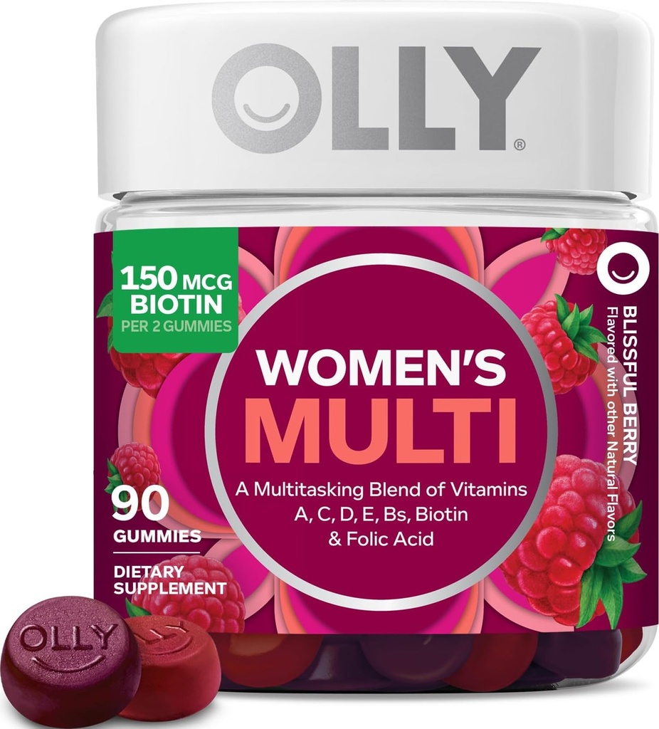 OLLY sieviešu multivitamīnu gumija, vitamīni A, D, C, E, Biotīns, Folijskābe, Pieaugušo košļājamais vitamīns, Berry Flavor, 45 dienu piegādes - 90 Skaits