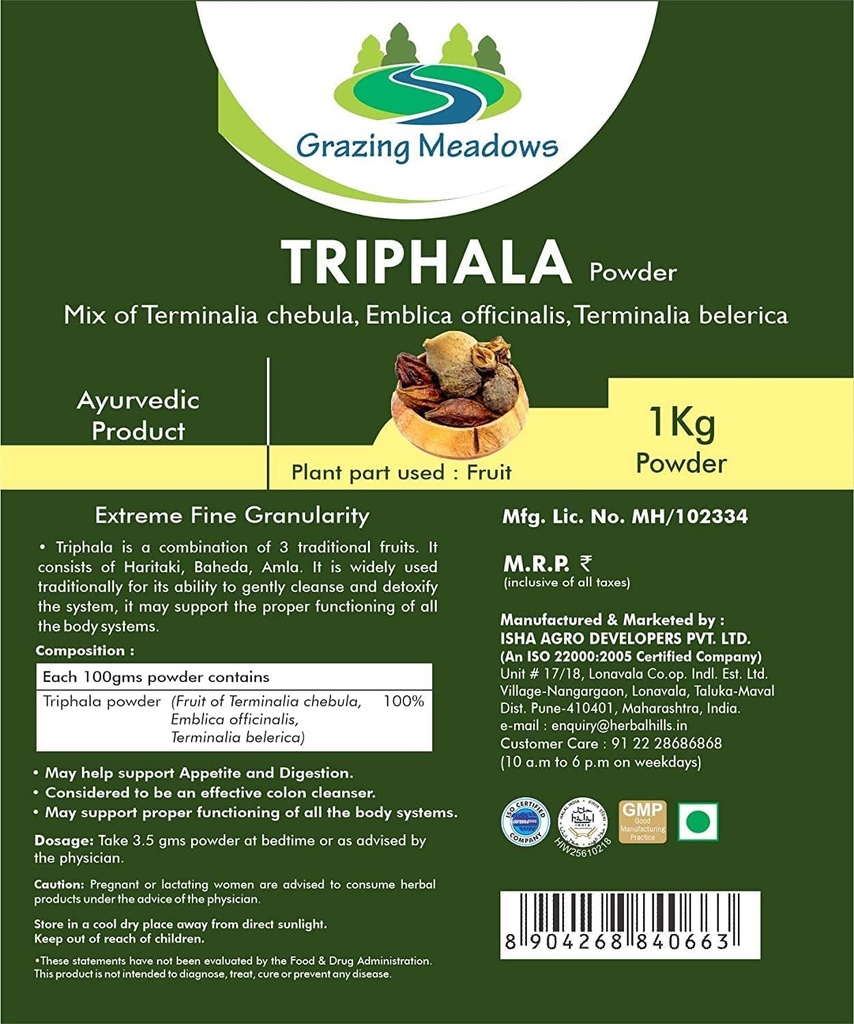 Ganību pļavas Triphala pulveris - 1 kg Triphala Churna pulveris