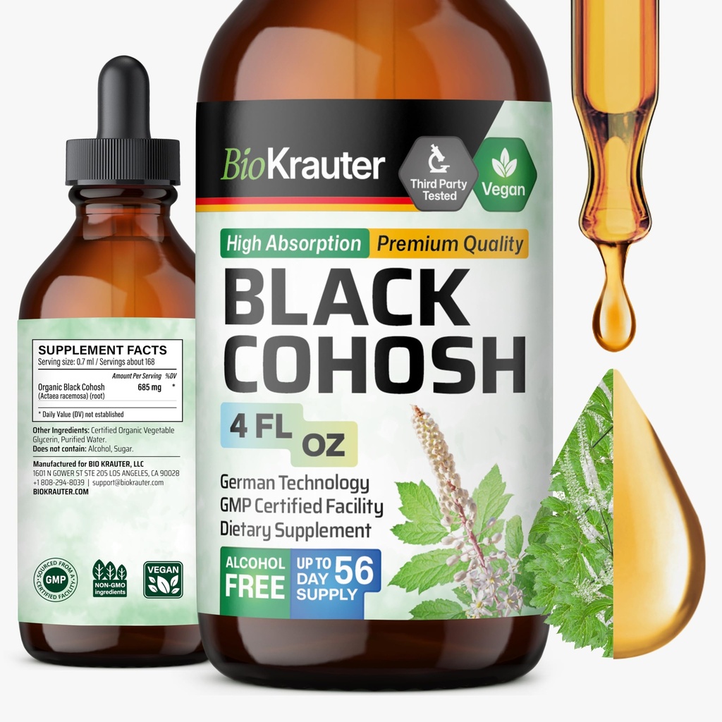 BIO KRAUTER Black Cohosh Tincture - Vegan Black Cohosh papildinājumi Sieviešu atbalsts - Alkohols un bez cukura - 4 Fl.Oz.