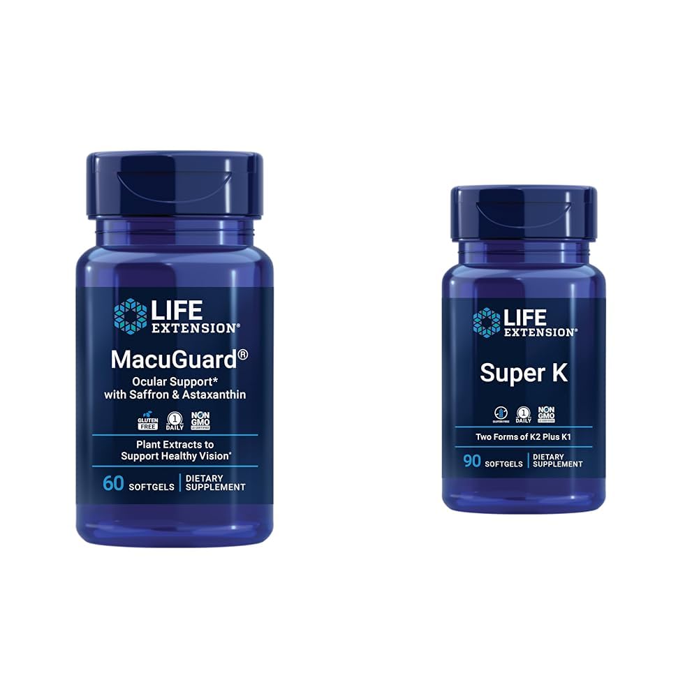 Life Extension Macuguard Acu veselības papildinājums ar luteīnu, Mezo-Zeaxanthin, Safrons un astaksantīns - 60 Grāfs un Super K vitamīns K1 K2 MK-7 MK-4 vitamīns C - 90 Softgels