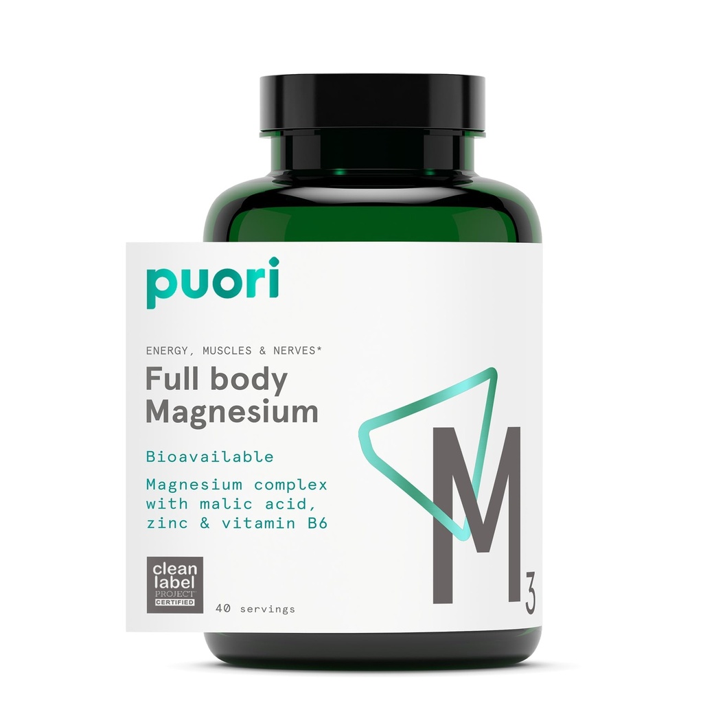 Puori magnija kompleksa papildinājums - augsta absorbcija Magnija Taurināts un glikonāts, cinks, vitamīns B6 un Malic Acid Miega atbalstam, imūnā un kaulu veselība un muskuļu atveseļošanās - 120 Vegan kapsulas