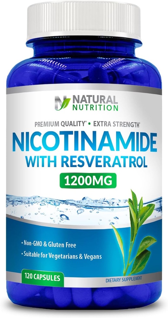 Generic Natural Vitamīnu Extra Strength Nikotinamīds ar Resveratrol 1200 mg (B-3 vitamīns) 120 Veggie kapsulas Bez lipekļa un bez GMO