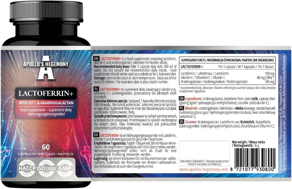 APOLLO'S HEGEMONY Lactoferin+ 100 mg - ar C vitamīnu un Arabinogalaktānu - 60 Vegan kapsulas - 2 mēnešu laikā - pastiprinātai imunitātei un dzelzs absorbcijai