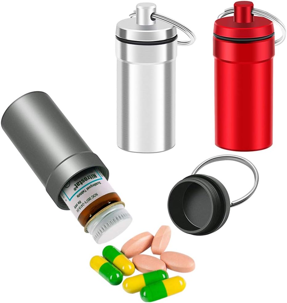 3 Iepakojumi Ūdensnecaurlaidīgs alumīnija folijas konteiners, EFFIET Nitro pudeles turētājs Nitroglicerīna tabletes iepakojums Neatliekams Keychain Pill turētājs medicīnas organizatoram Dispenser (Silver-Matt-Red)