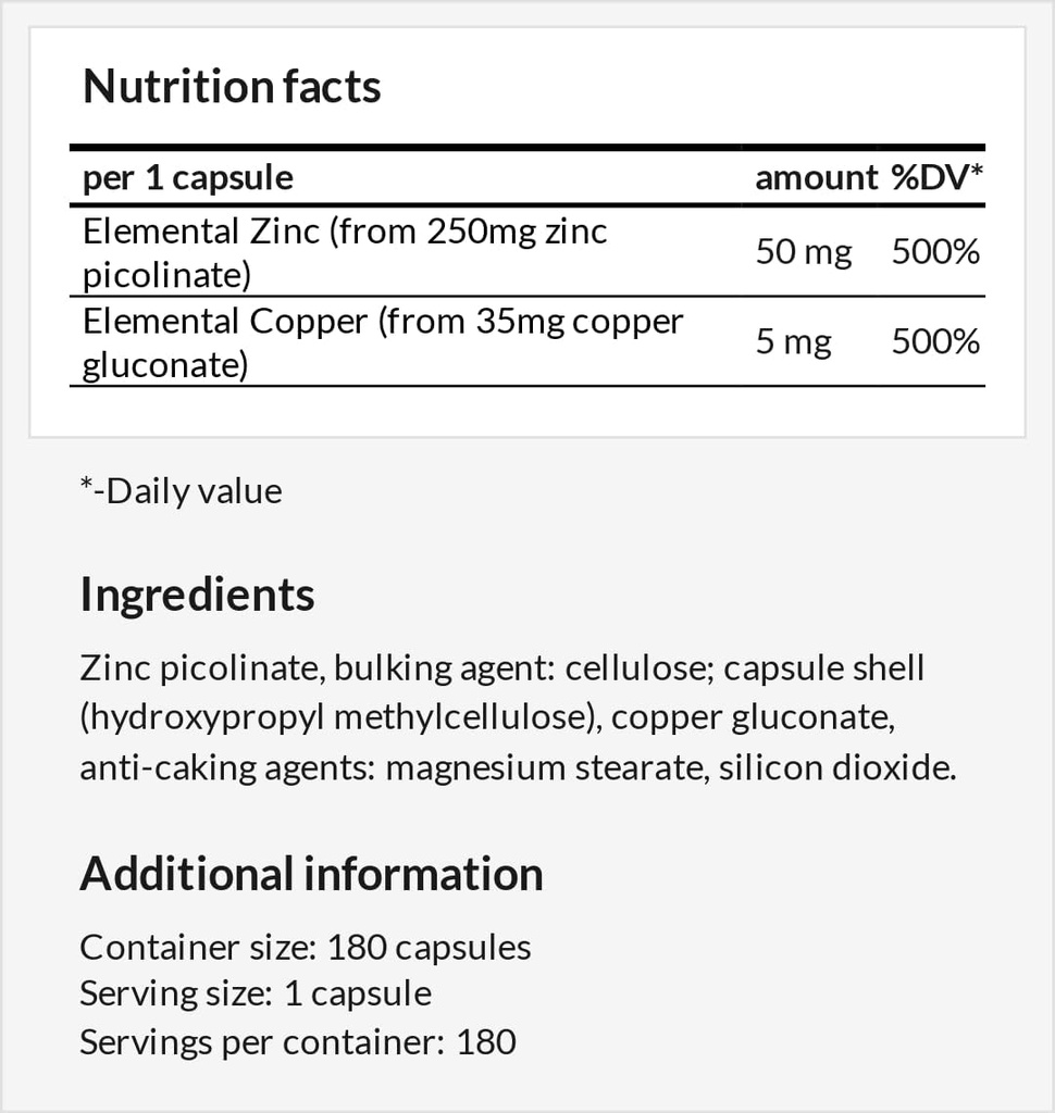 Z-Balance - Cinks 50mg + Cooper 5mg - 180 Vegan Kapsulas - 6 Mēnešu Piedāvājums - Cinka pikolante un Cooper glikonāts Papildinājums Veseliem matiem, ādai un nagiem - ar Apollo hegemoniju