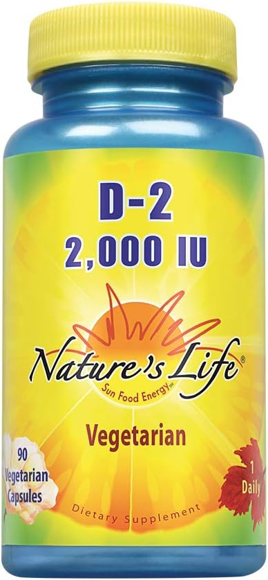 Dabas dzīve Vitamīns D-2 2000IU ; augsts potences Ergocalciferol; Papildinājums Var atbalstīt kaulu un sirds veselību; 90 Veģetārās kapsulas