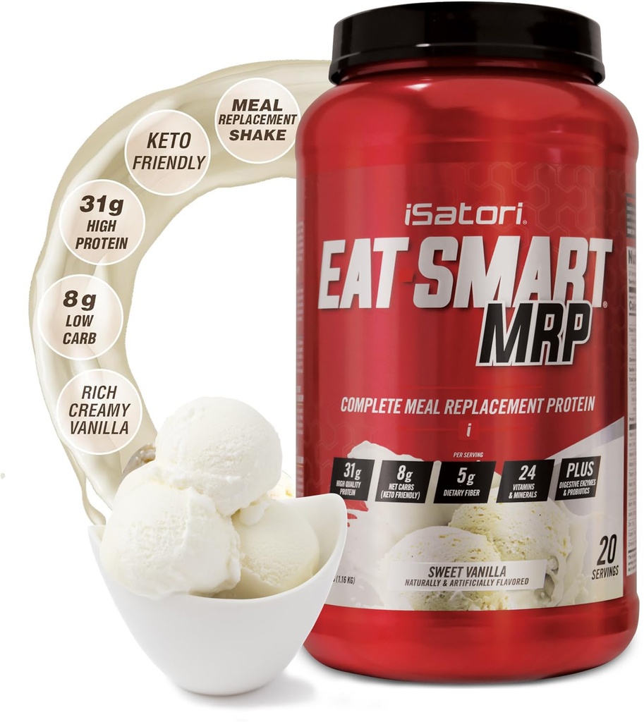 iSatori ēst Smart MRP, augsts olbaltumvielu saturs, samaisa ar sūkalu olbaltumvielu pulveri, probiotikas pulveris, kazeīna proteīns, MCT eļļa, olu albumīns, vitamīni un minerālvielas, Keto, Vanilla Flavor, 20 Kalpo
