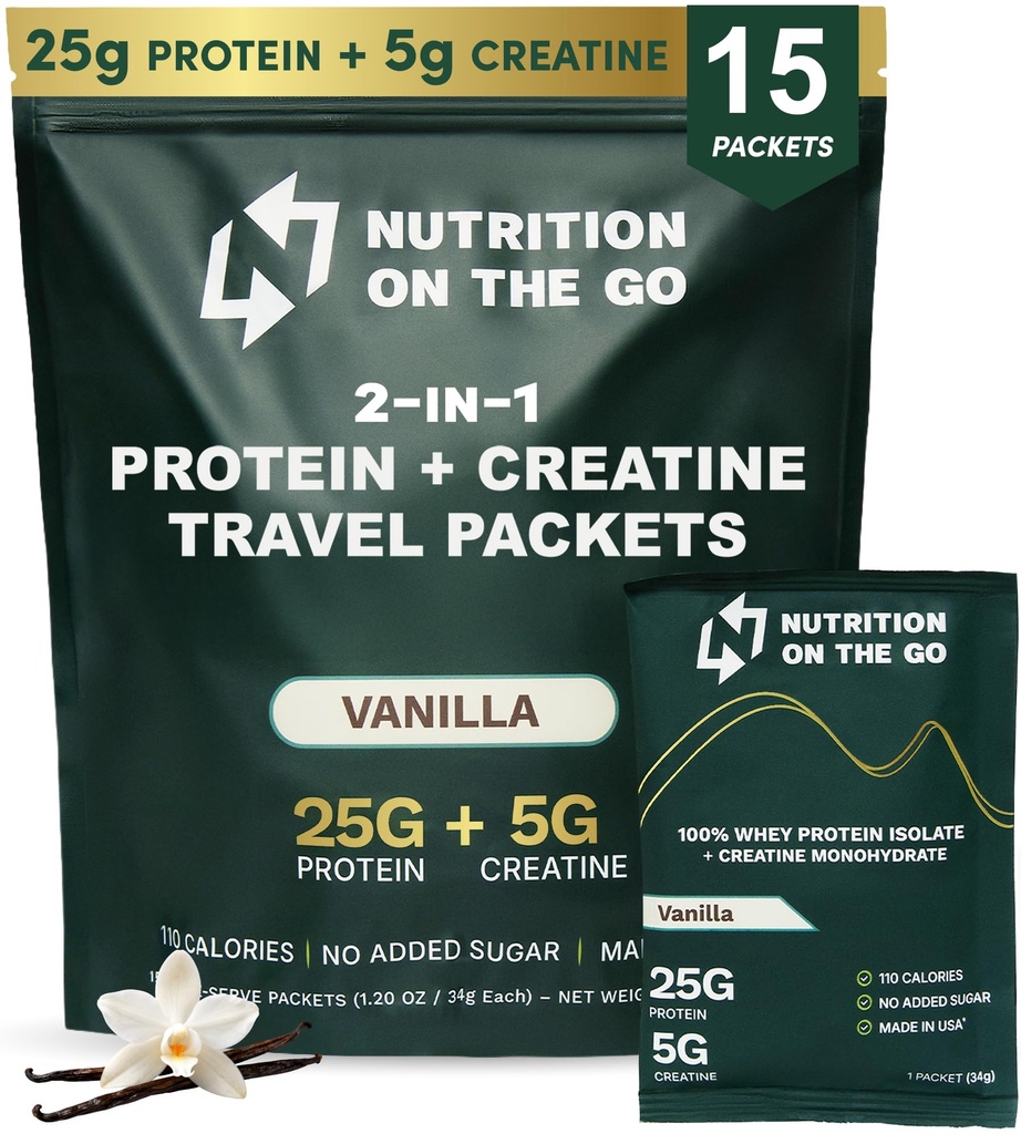 Uzturs uz Go Whey Olbaltumvielas Izolāts Packets ar kreatīnu – 25g Olbaltumvielas + 5g Kreatīns – viena serve Travel Olbaltumvielu pulveris – Vanilla (15- Iepakojums)