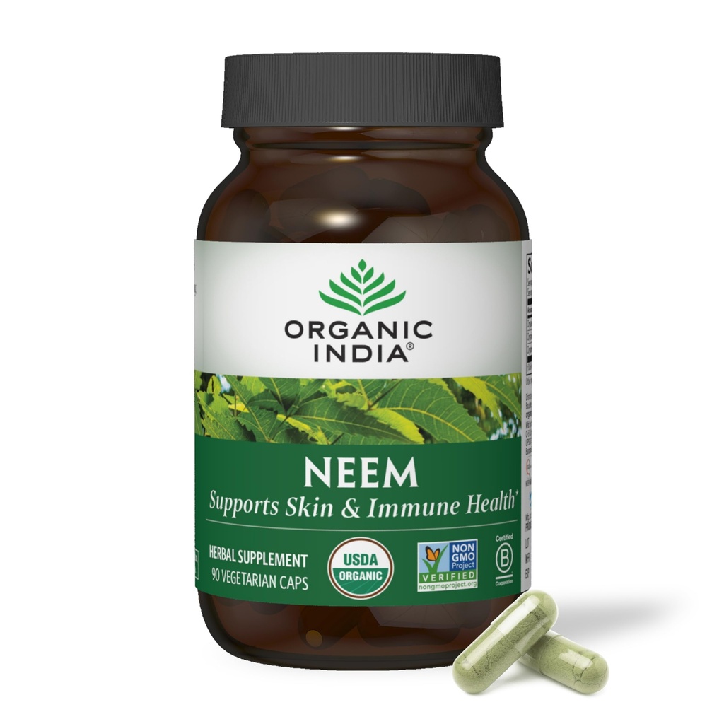 ORGANIC INDIA Neem Leaf kapsulas - augu papildinājums, atbalsta ādas un imūno veselību, Vegan, bez lipekļa, USDA Certified Organic - 90 Count
