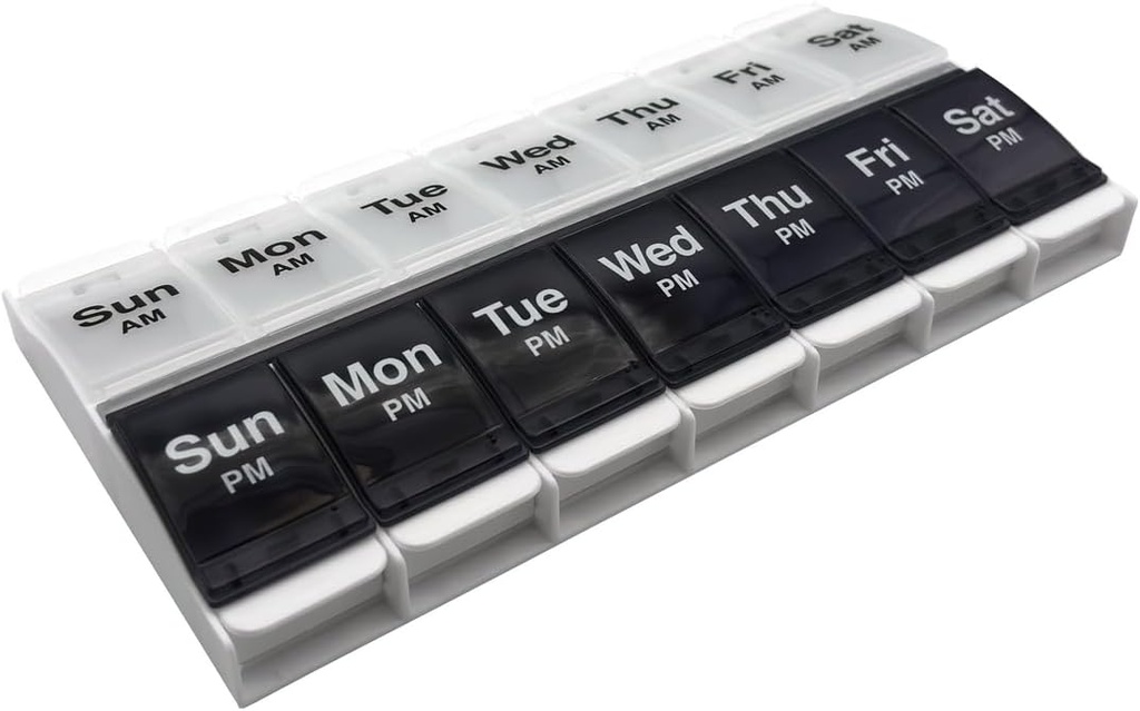 EZY DOSE Push Pogas (7 diena) Pill Case, Medicine Planner, Vitamīnu organizators, 2 reizes dienā AM/PM Konteiners, X-lieli iecirkņi, Arthritis Friendly, Piepūles Open, Clear Lids, Zila/Balta, BPA bezmaksas