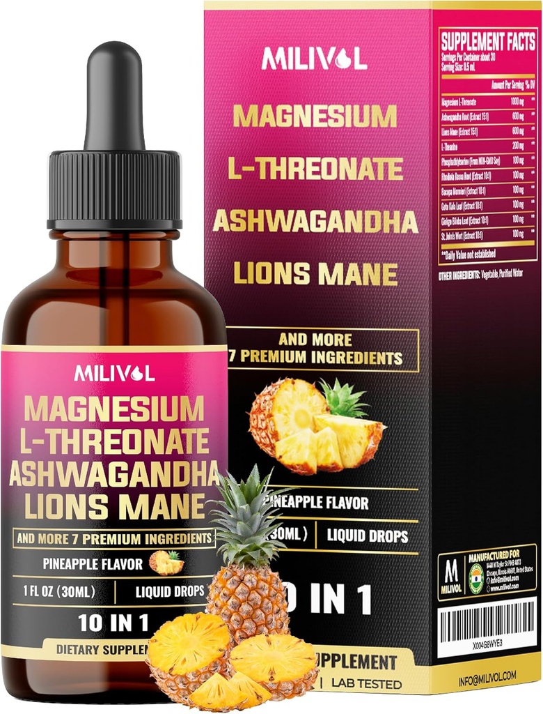 10in1 Magnija L-treonāts Šķidrie pilieni ar Ashwagadha, Lions Mane & 7 Vairāk Herbals - 1 Fl Oz - Ananass Flavor