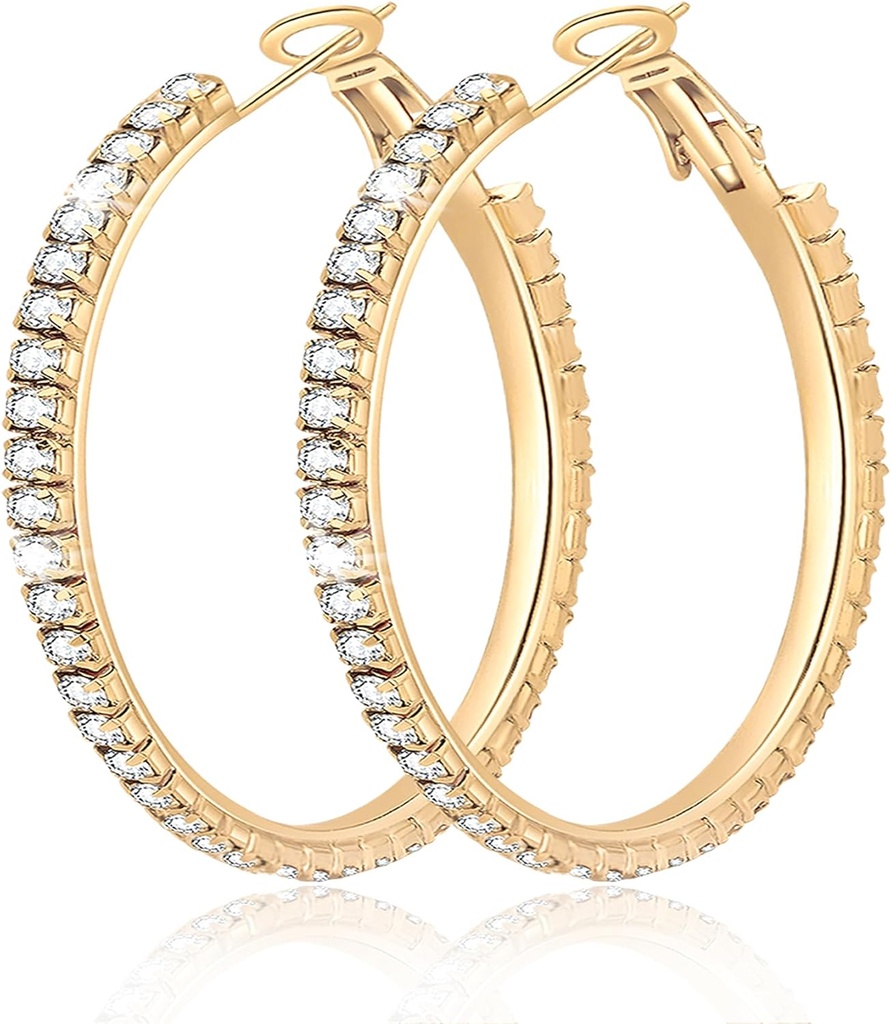 Big Large 925 Sterling Silver Hoop Auskari sievietēm Pave Crystal 14k Plated Gold Hoops Auskari sievietēm Plāns dzirkstoši kubisks Circonia paziņojums Rhinestone Juvelierizstrādājumi Nav tarnish Hipoalerģiska