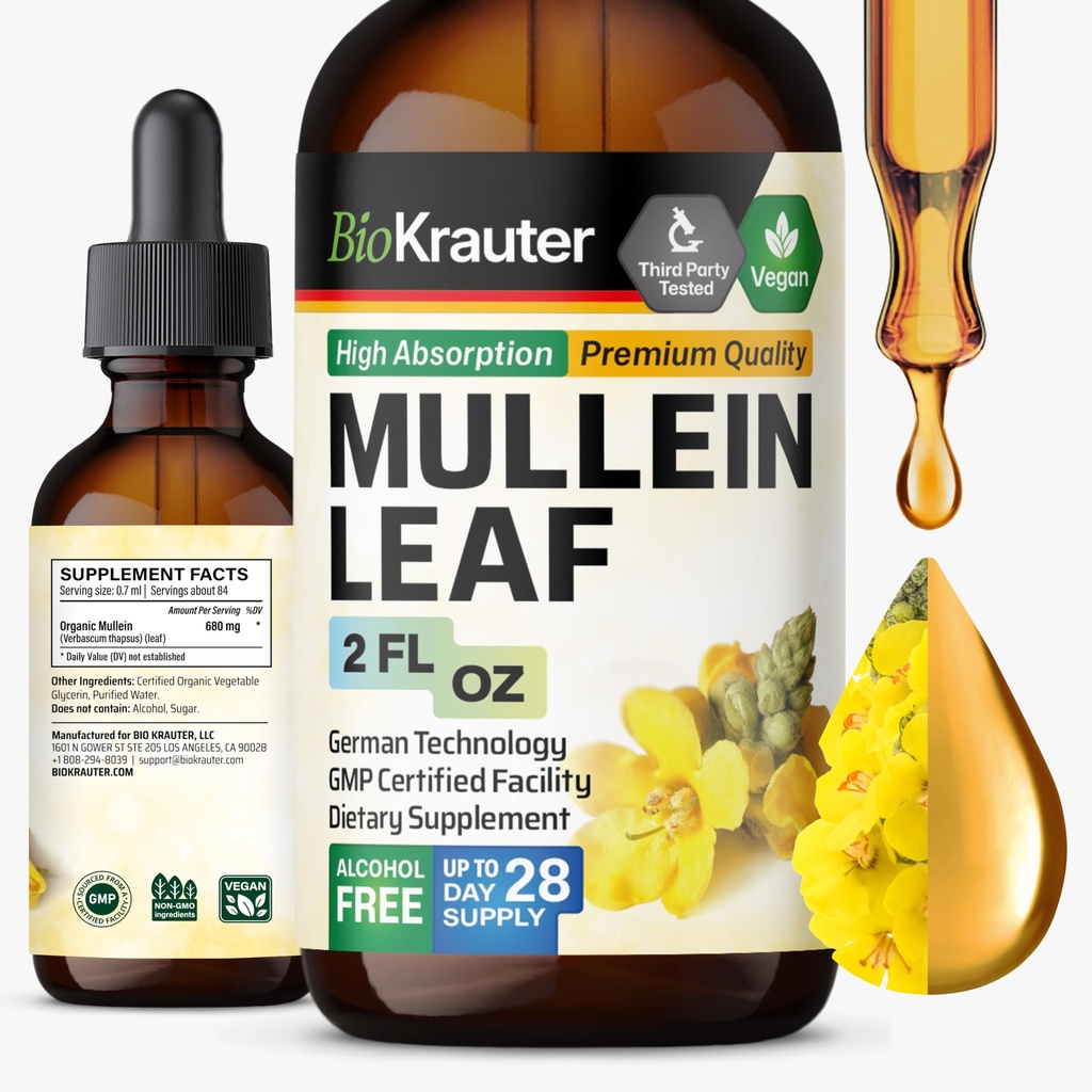BIO KRAUTER MULLEIN Leaf ekstrakts 2 Fl. Oz - 28 dienas piegādes - Pure Mullein pilieni plaušu tīrīšanai un detoksam - Vegan Respiratorās piedevas - ne-GMO, bez cukura un alkohola