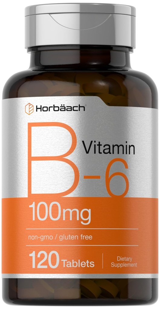 Horbah vitamīns B6 100 mg     - 120 Veģetārās tabletes Piridoksīna hidrohlorīds -- ne-GMO un papildinājums bez glutēna