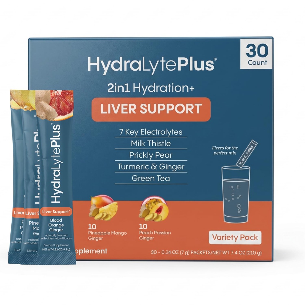 Hidralītis Aknu atbalsts + Elektrolītu maisījums ar pienu Thatle, Turmeric, Ginger, Prickly Pear, Zaļās tējas ekstrakts Formulēts ātrai rehidrācijai (Variety Flavor, 30 Packets)