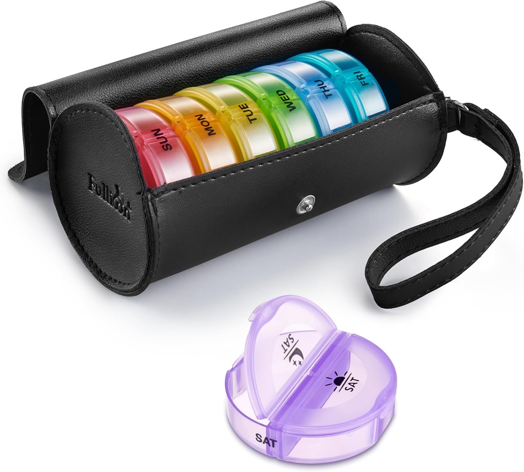 Fulicon PU Case Weekly Pill Box organizators 2 reizes Diena, Travel 7 Day Pill Boxes, Portable Tablet Organizators ar lieliem iecirkņiem medicīnā, zāles, vitamīni, piedevas (melnā / rainbow)