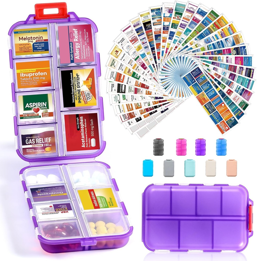 14 Grids Travel Pill Organizators Box with 415-Pcs Medicine Name Labels, Pocket Daily Pharmacy Case Container, Travel Medication Holder Dispenser Komplekts zivju eļļai Vitamīnu Papildinājuma uzglabāšana - Clear Purple