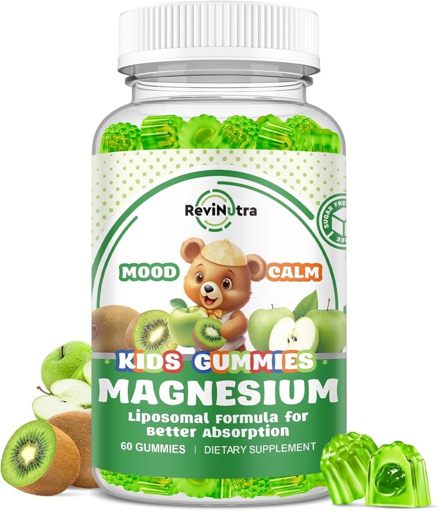 Liposomālās Kids Magnija Gumijas- Magnija Glicinēt Gumijas bērniem Papildinājums-w/Omega-3, B6 vitamīns, D3 atbalsts Calm Stress Relief, Kauli, Mood, Green Apple & Kiwi Flavor, 60 Count