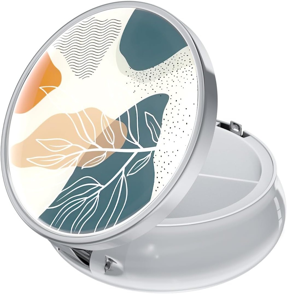Rouidr Pill Box, 3 iecirkņu zāles Pill Case, Small Metal Travel Medicine Box Purse & Pocket, Silver, Abstract Boho Leaf