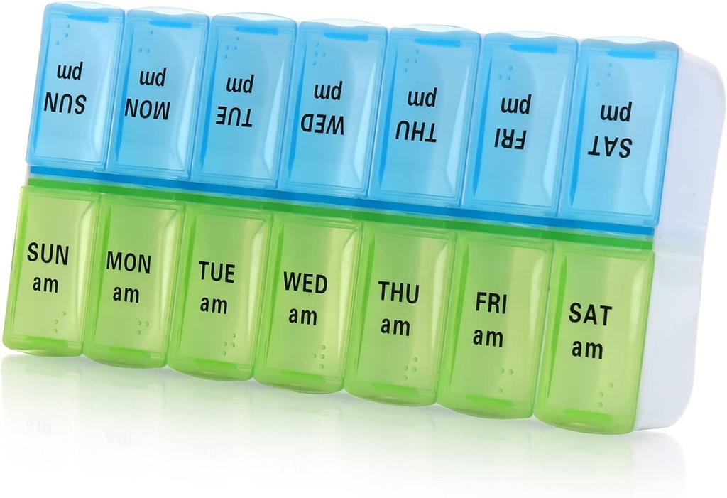 7 Day Weekly Pill organizator, Large Daily Pill organizator 2 reizes dienā, AM PM Pill Case, Day Night Pill Container 7 Day 14 Iedalījumi tabletes vitamīnu zāles (Blue+Green)