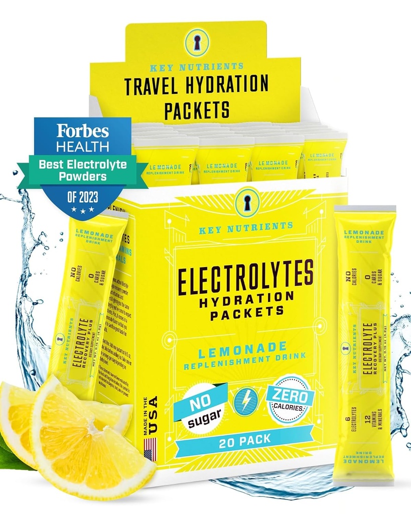 KEY NUTRIENTS Elektrolīti pūdera iepakojumi - Atsvaidzinoša citronāde 20 Pack Hidrēšanas iepakojumi - Travel Hydration Powder - Nav cukura, Nav kaloriju, bez lipekļa - Ražots ASV