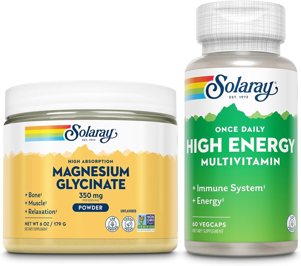 SOLARAY Magnija Glicināta pulveris 350mg un augstas enerģijas Multivitamīnu Bundle - helāts magnijs un vienu reizi dienā - kaulu veselība, muskuļu, sirds un imūnās sistēmas atbalsts, 60 dienu garantija, 6oz/60ct