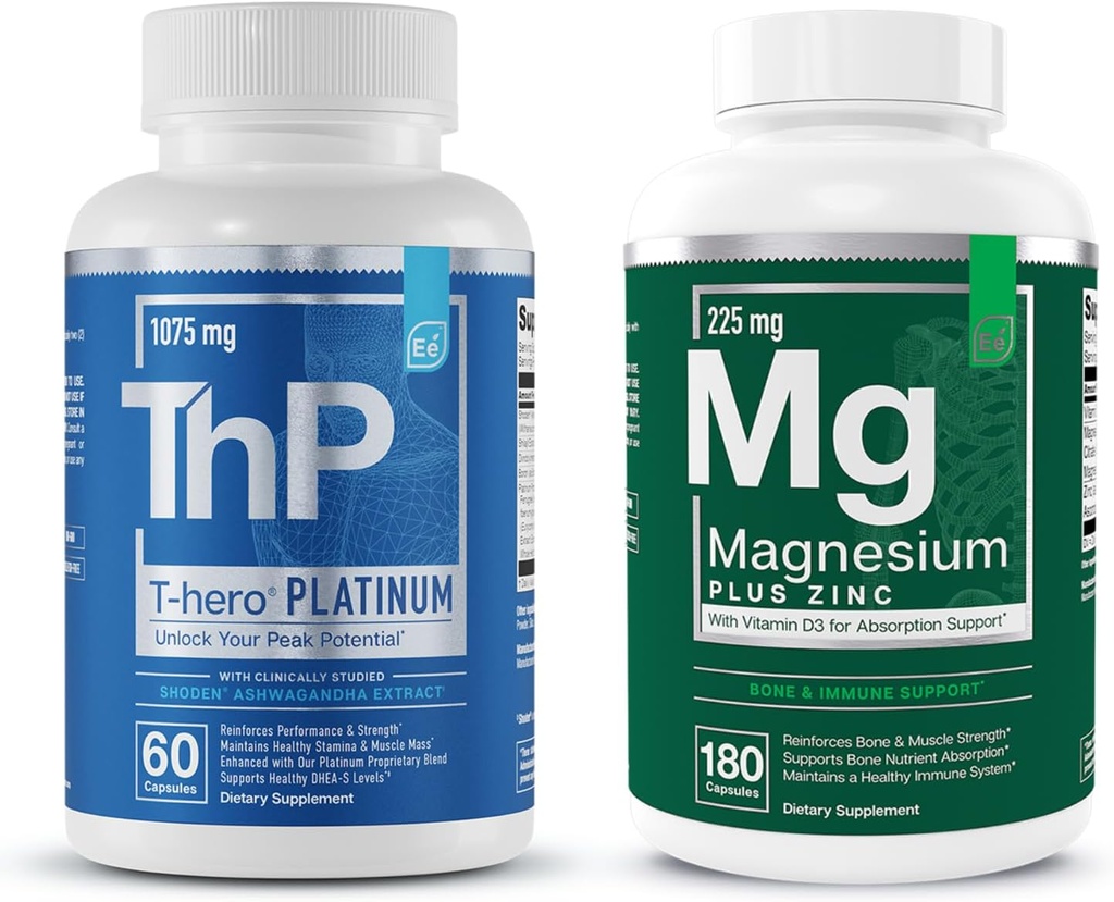 Būtiski elementi Magnijs un Cinks ar vitamīnu D3 + T-Hero Platinum ; Miega Imūnās un kaulu + muskuļu augšanas atbalsts & T-veselība