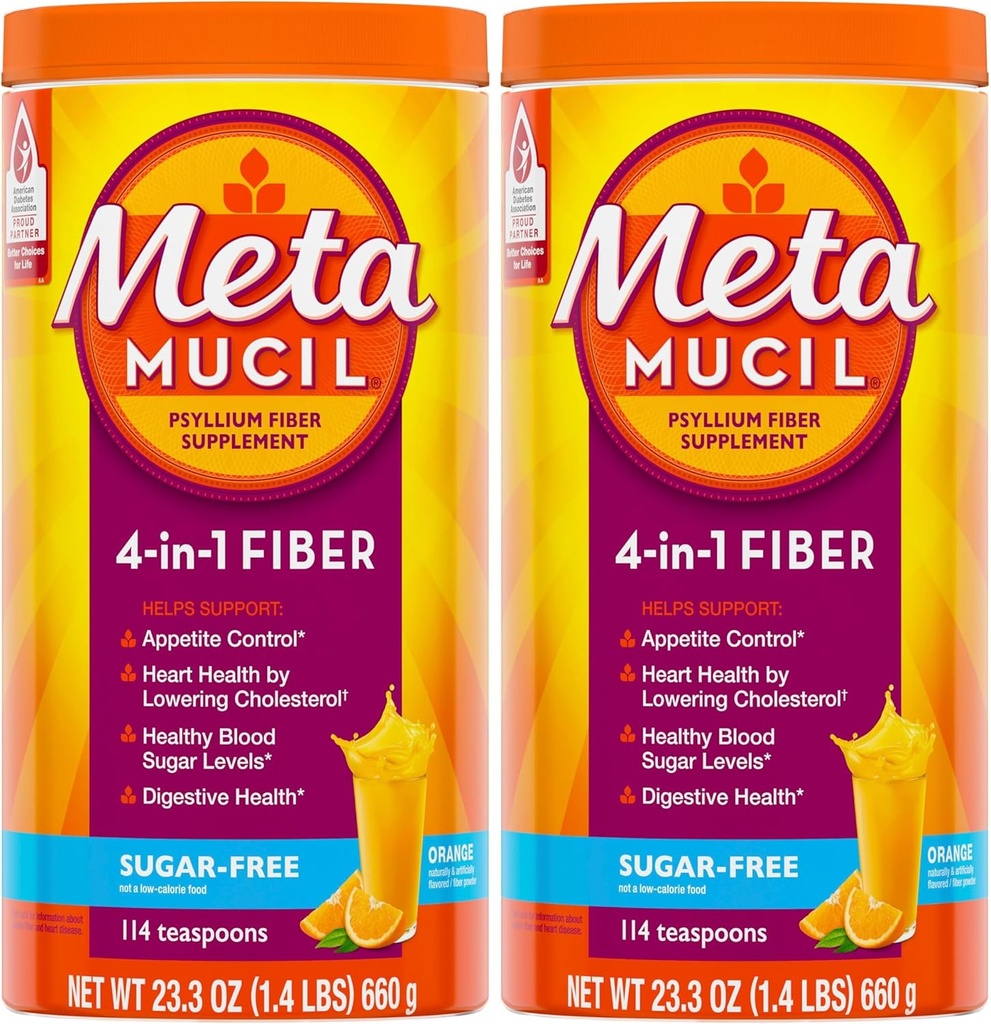 Metamucils, ikdienas Psyllium Husk pulvera papildinājums, bezcukura pulveris, 4-in-1 Šķiedenis gremošanas veselībai, oranžs aromatizēts dzēriens, 114 tējkarotes, 1,4 mārciņa (iepakojums no 2)