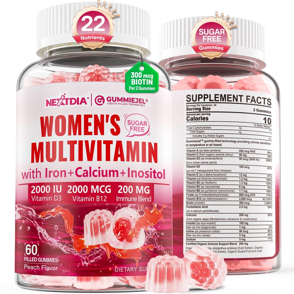 Metilēti multivitamīni sievietēm Gumijas, kalcijs, D3 K2, Methylfolate & B12, Inozitols, Dienas vitamīns A, C, E, B Complex, Biotīns, Dzelzs - enerģija, Imūns, Kauls, Āda, Mati - Vegan, Bez cukura, 60 Skaits