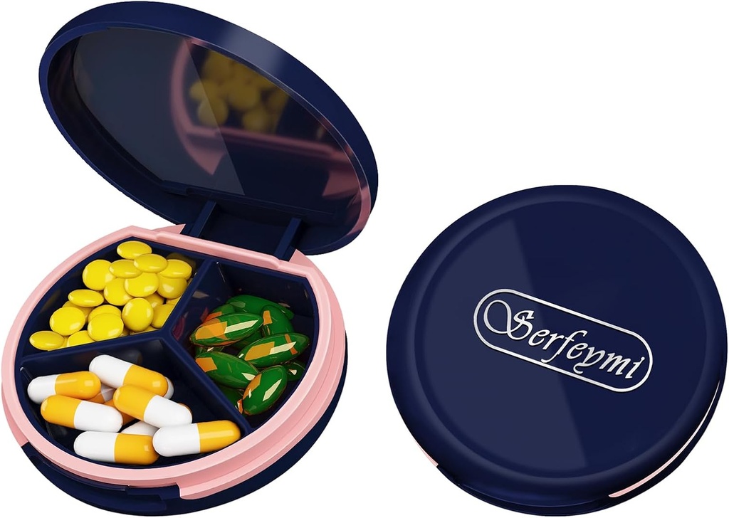 Serfeymi Small Pill Box - 3 iecirkņi Portable Pill Box for Purse Pocket, Compact Mini Travel Pill Case - Piemērots medicīnā, vitamīnu, zivju eļļa, papildinājumi - tumši zils(Logo)