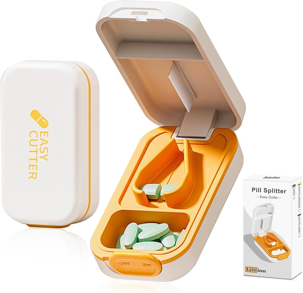 Small Pill Cutter, Splitter Tiny Pills, Safety Lock, Easy Open Close, Professional (White Orange)