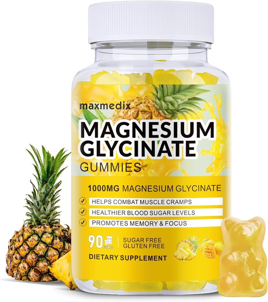 Magnijs Glycinate Gumies 1000mg, bez cukura magnija Kālija piedevas Košļājams pieaugušajiem ar L-Threonate miegam, ķermeņa balsts un relaksācija,90 Mango ananasu gumijas