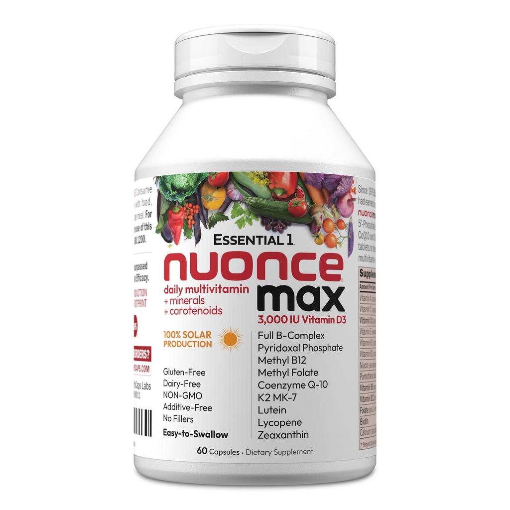 ANDREW LESSMAN Essential-1 nuonce max Multivitamīnu 3000 SV D3 vitamīns 60 mazas kapsulas. 100 μg Metil- B12. CoQ10 Luteīns Likopēns Zeaksantīns. Augsts spēks. Nav piedevu. Ultra-mild Vienas dienas kapsulas